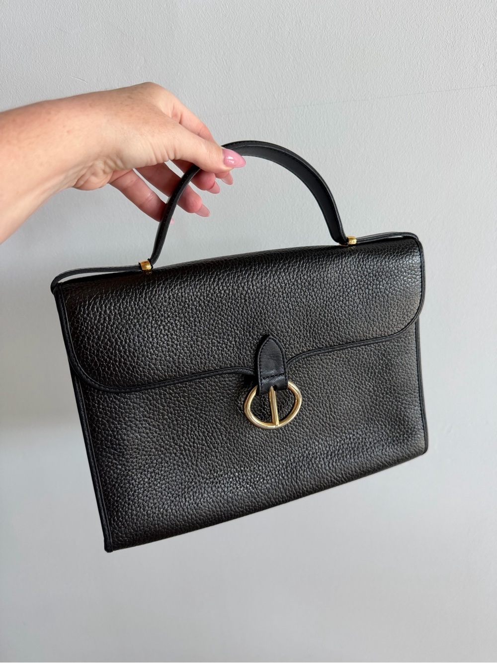 Vintage Dior Black Pebbled Leather Top-Handle Satchel with Gold Ring